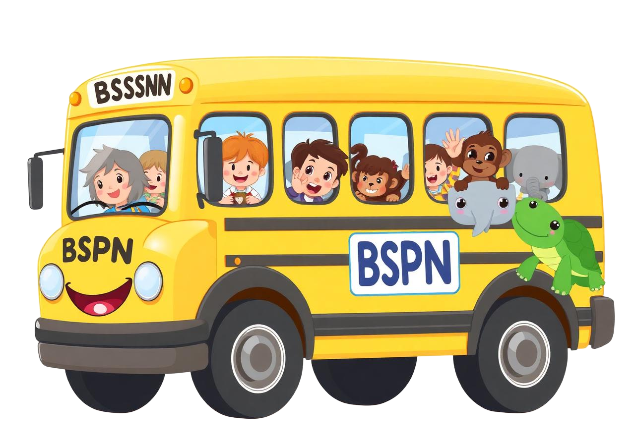 The smiling BSPN school bus with waving kids and animal friends